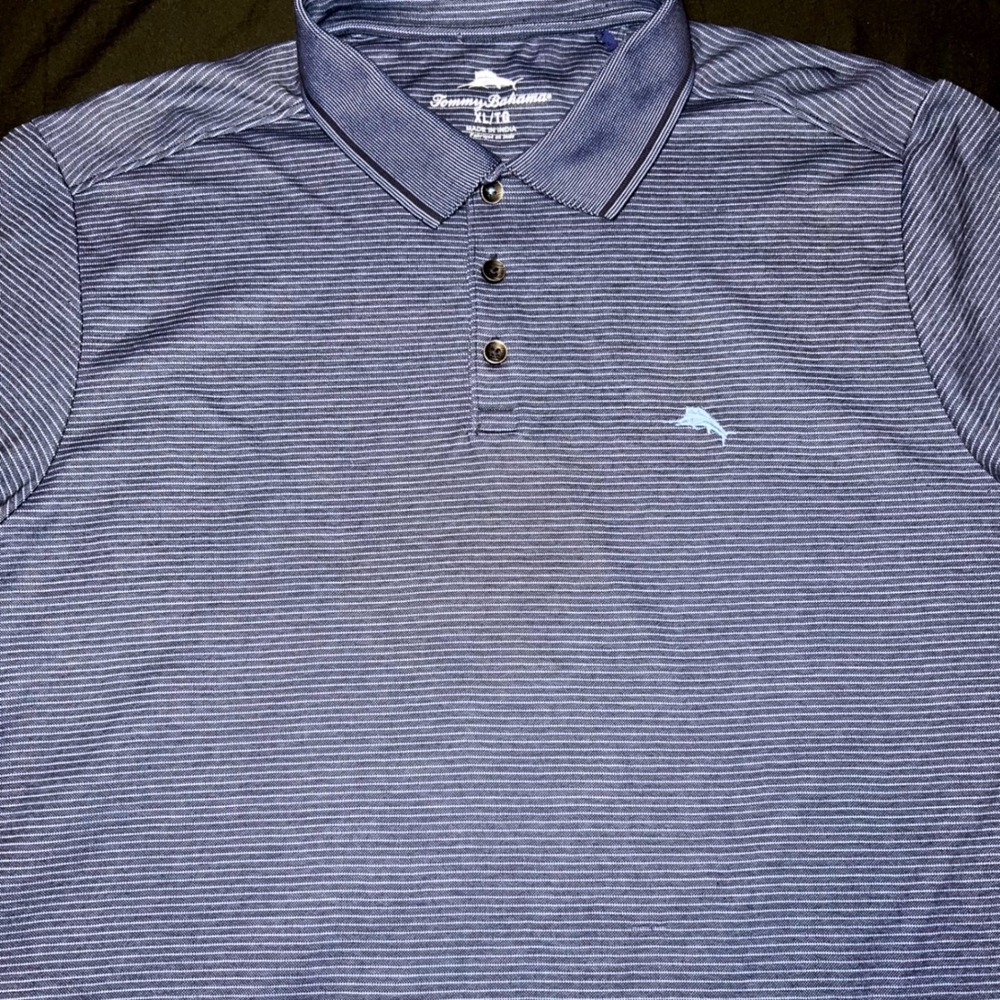 Tommy Bahama Mens XL Blue Striped Short Sleeve Polo Shirt Cotton Blend